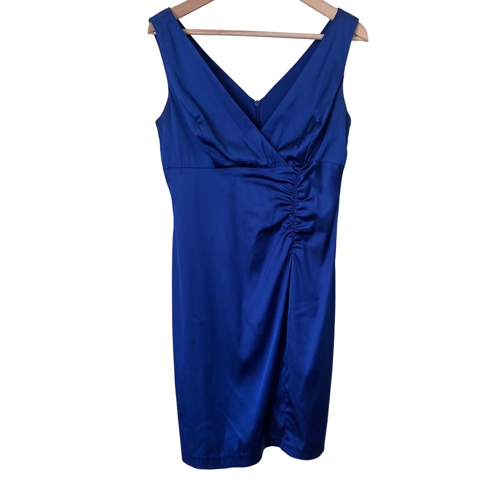 Donna Ricco Royal Blue Satin V-Neck Ruched Sheath Cocktail Dress Size 6